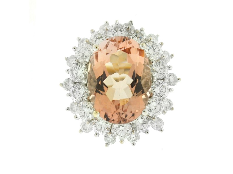 18k White Gold Oval Morganite Diamond Flower Halo Ring Aprox.2.38ctw 