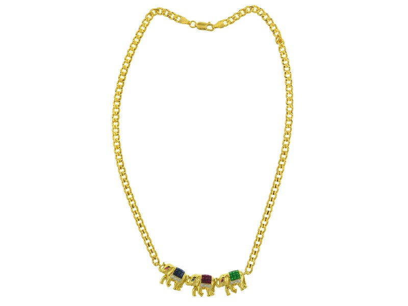 18k Yellow Gold Elephant Multi-Color Necklace
