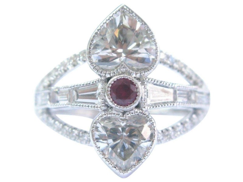 Heart Shape Diamond & Ruby Ring SOLID 14KT White Gold 2.71Ct