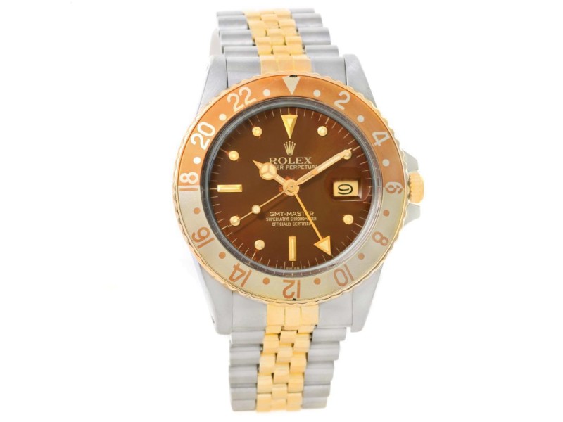 Rolex 16753 GMT Master Rootbeer Gold Steel Nipple Dial Vintage Watch 
