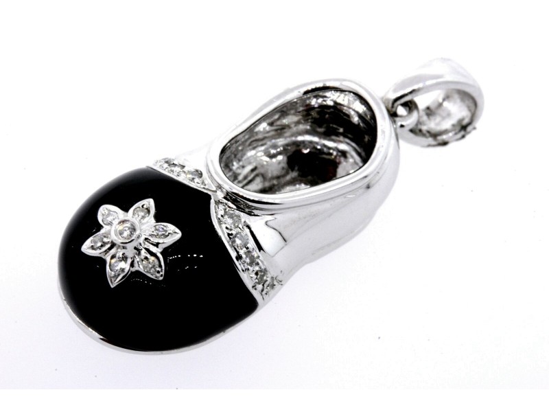 Shoe Charm Diamond Pendant Black Enamel Flower 18k White Gold Slipper Slip On