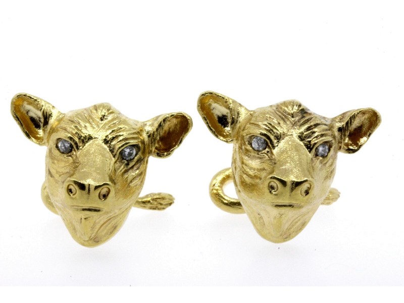 Bull Cattle Bovine Diamond Cufflinks 18k Yellow Gold Heavy 25.6g Stock Market