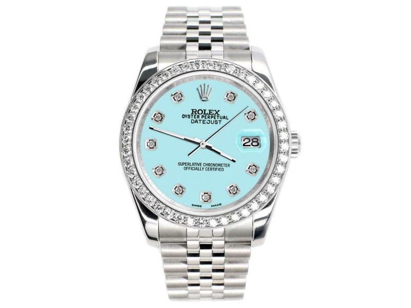 Rolex Datejust 116200 36mm 1.85ct Diamond Bezel/Aqua Blue Dial Steel Watch