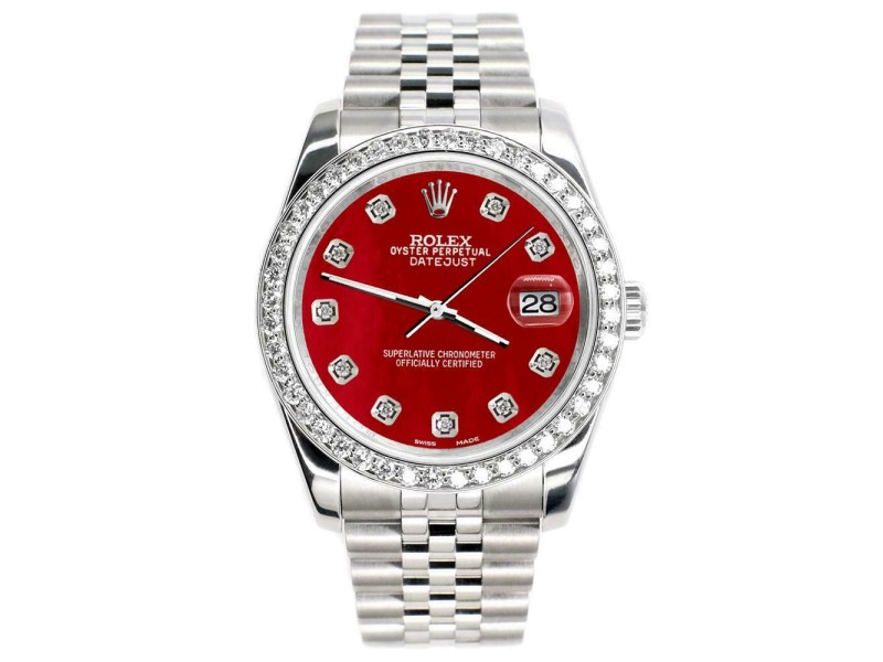Rolex Datejust 116200 36mm 1.85ct Diamond Bezel/Red MOP Diamond Dial Steel Watch