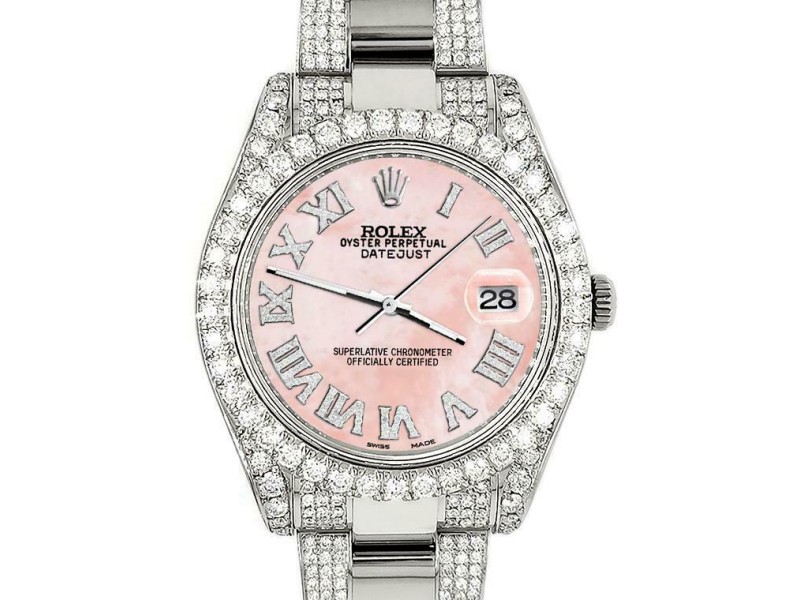 Rolex Datejust II 41mm Diamond Bezel/Lugs/Bracelet/Royal Pink MOP Roman Watch 