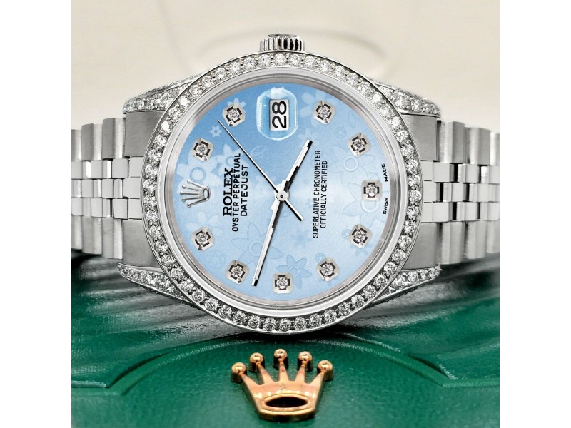 Rolex Datejust 36mm Steel Watch 2.85ct Diamond Bezel/Pave Case/Blue Flower Dial