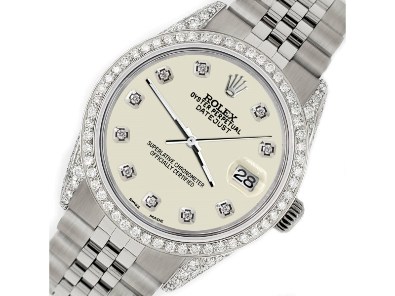 Rolex Datejust 36mm Steel Watch 2.85ct Diamond Bezel/Pave Case/Linen White Dial