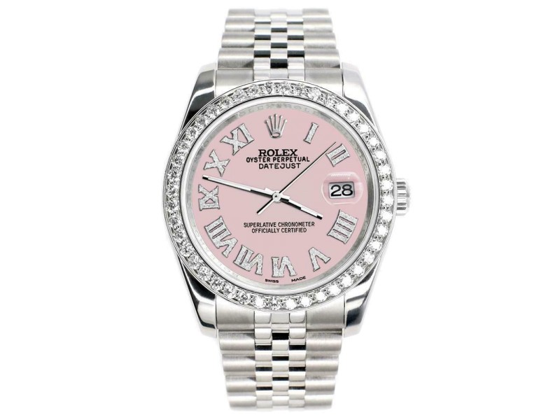 Rolex Datejust 116200 36mm 2ct Diamond Bezel/Orchid Pink Roman Dial Steel Watch