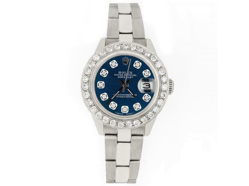Rolex Datejust 26mm Steel Watch 1.3ct Diamond Bezel/Peacock Blue Diamond Dial