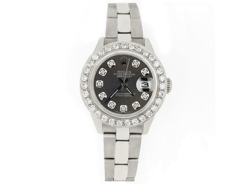 Rolex Datejust 26mm Steel Watch 1.3ct Diamond Bezel/Charcoal Grey Diamond Dial