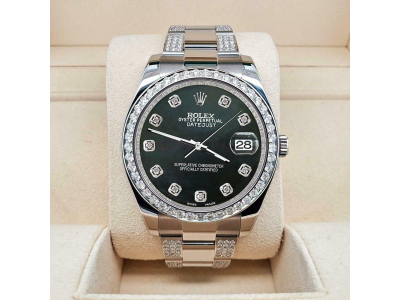 Rolex Datejust II 41mm 5ct Diamond Bezel/Bracelet/Black MOP Dial Watch 116300