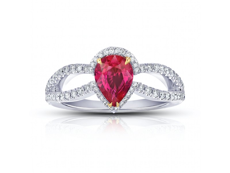David Gross Pear Shape Ruby and Diamond Platinum Ring