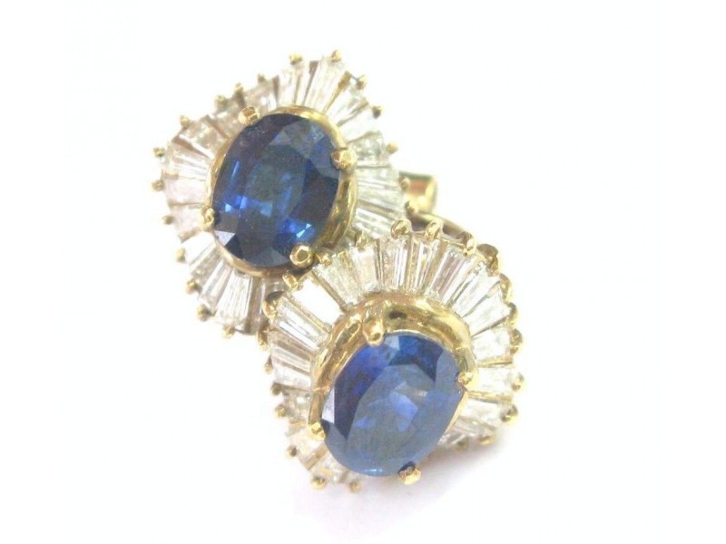 Fine Blue Sapphire & Diamond Ballerina Stud Earrings Yellow Gold 