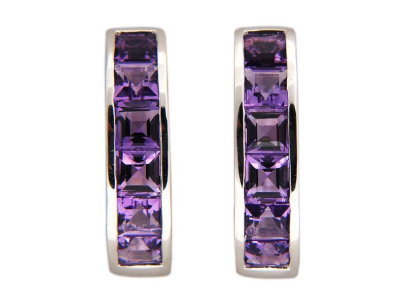 Vintage Square 1.63ct Purple Amethyst 14k White Gold Hinged Huggie Hoop Earrings