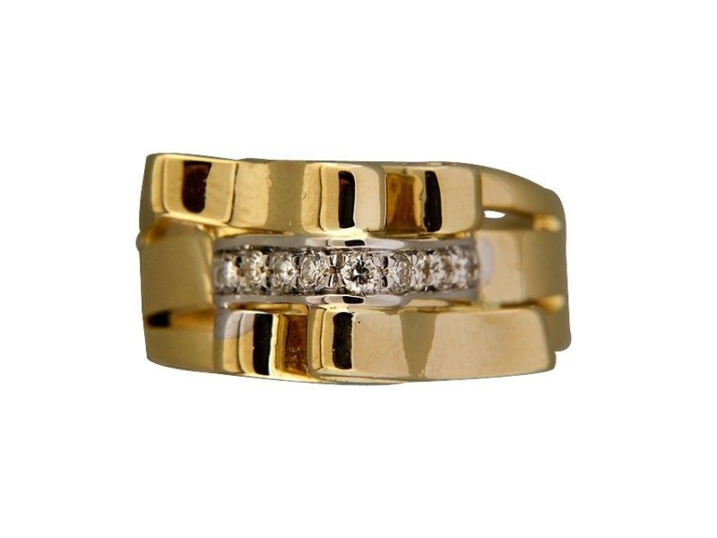 Vintage 3 Row Folded Ribbon 18k Gold Ring .10ct Diamonds White Gold Center