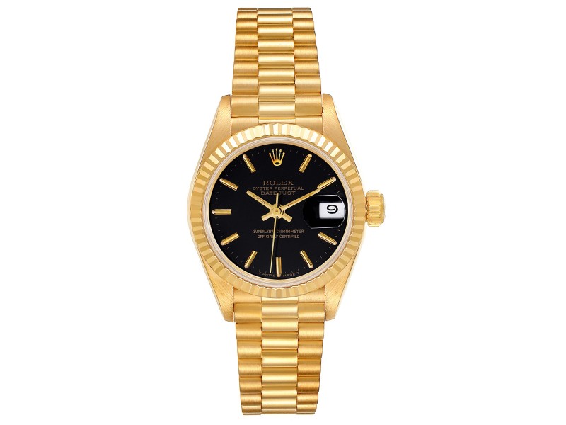 Rolex President Datejust 26 Yellow Gold Black Dial Ladies Watch 