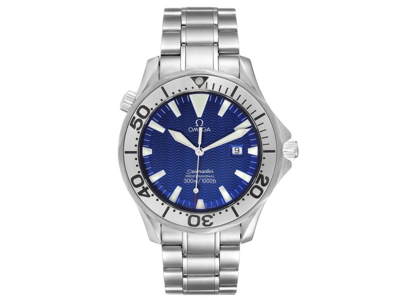 Omega Seamaster Electric Blue Wave Dial Steel Mens Watch 