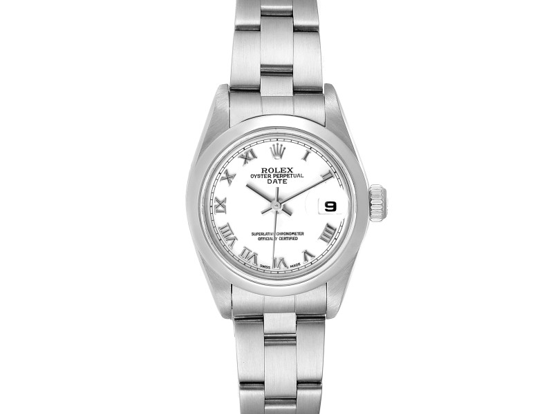 Rolex Date White Roman Dial Domed Bezel Steel Ladies Watch 