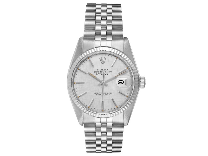Rolex Datejust Steel White Gold Silver Linen Dial Vintage Watch 