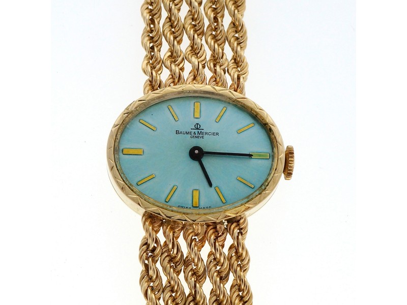 Vintage Ladies Baume & Mercier 1960 14k Gold Rope Bracelet Watch Ice Blue Dial