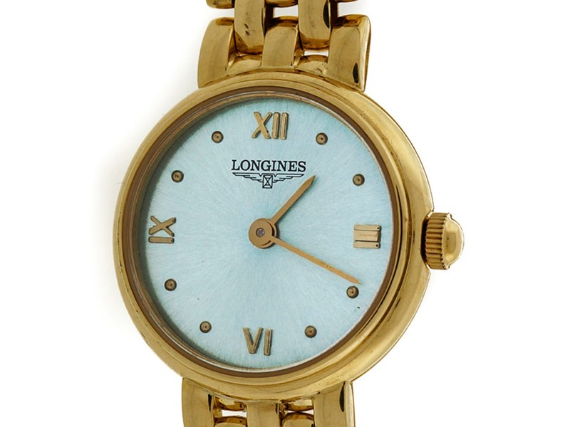 Longines Solid Yellow Gold Watch Mesh Band Professionally Redone Ice Blue Dial