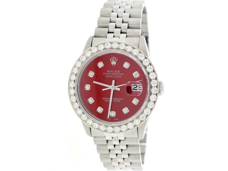 Rolex Datejust 36MM Automatic Stainless Steel Jubilee Watch w/Candy Red Diamond Dial & 2.7Ct Bezel