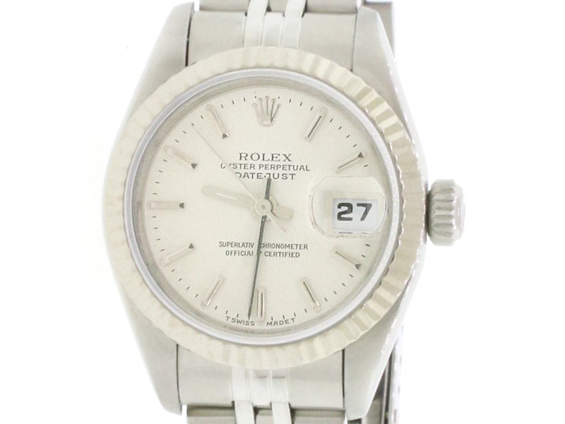 Rolex Datejust 18K White Gold Fluted Bezel 26MM Automatic Stainless Steel Jubilee Watch 69174 No Holes Case