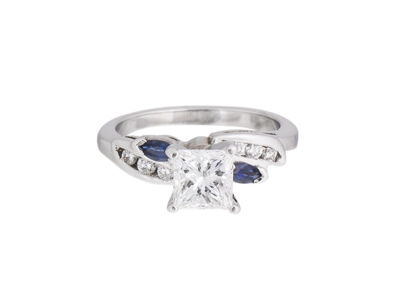14k White Gold Diamond Engagement Ring With Marquise Blue Sapphires And Channel Set Round Brilliants