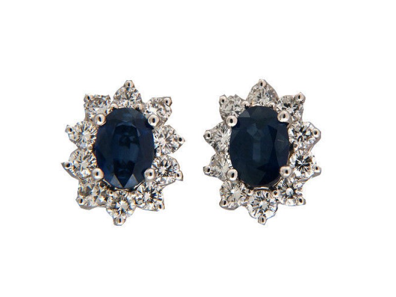 Vintage 1.98ct Bright Blue Sapphire 1.12ct 14k White Gold Diamond Earrings