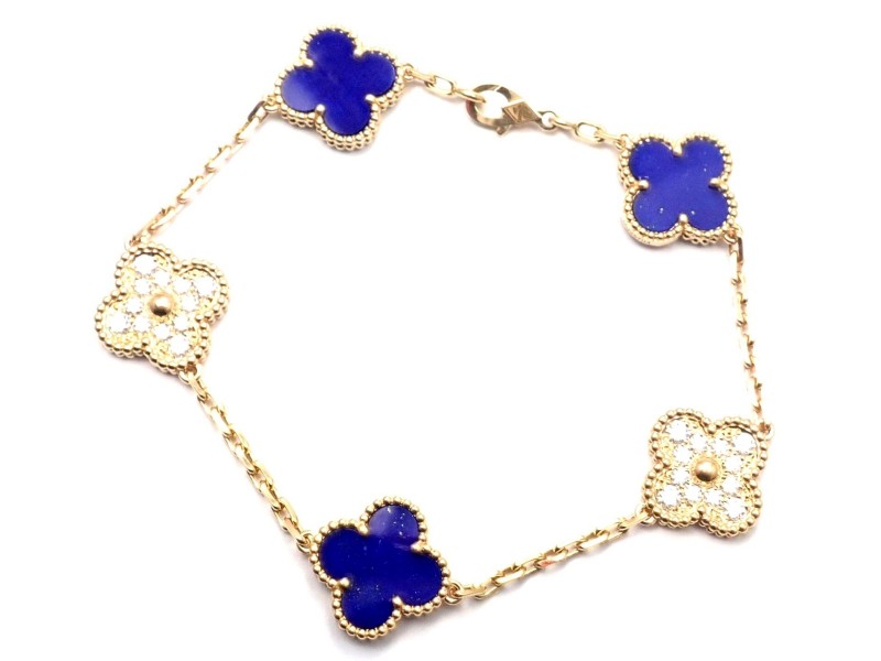 Van Cleef & Arpels Vintage Alhambra 18K Yellow Gold Diamond Lapis Bracelet Cert