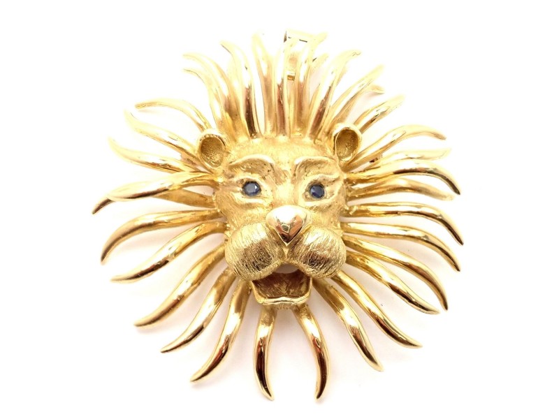 Vintage Cartier Lion 18k Yellow Gold Sapphire Large Brooch Pin Pendant