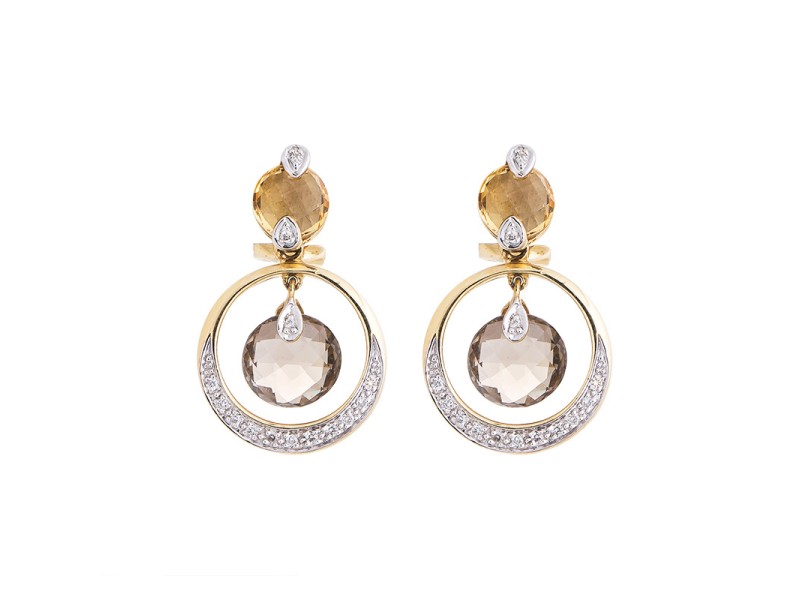 14k Yellow Gold Smoky And Golden Quartz Diamond Dangle Earrings