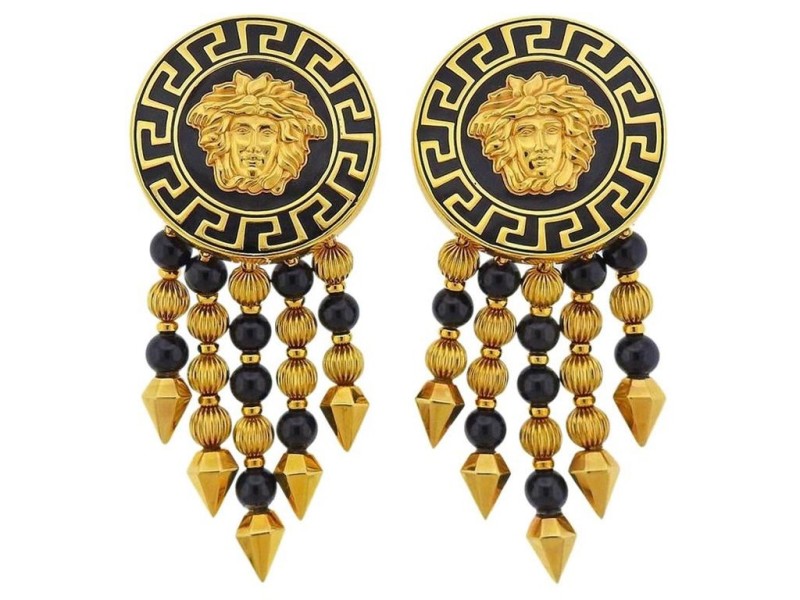 Versace Gold Onyx Medusa Drop Earrings