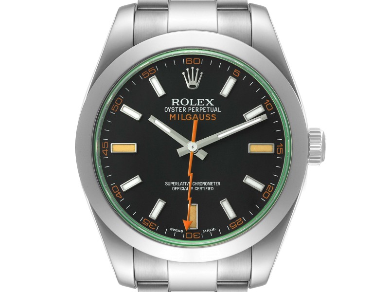 Rolex Milgauss Black Dial Green Crystal Steel Mens Watch 