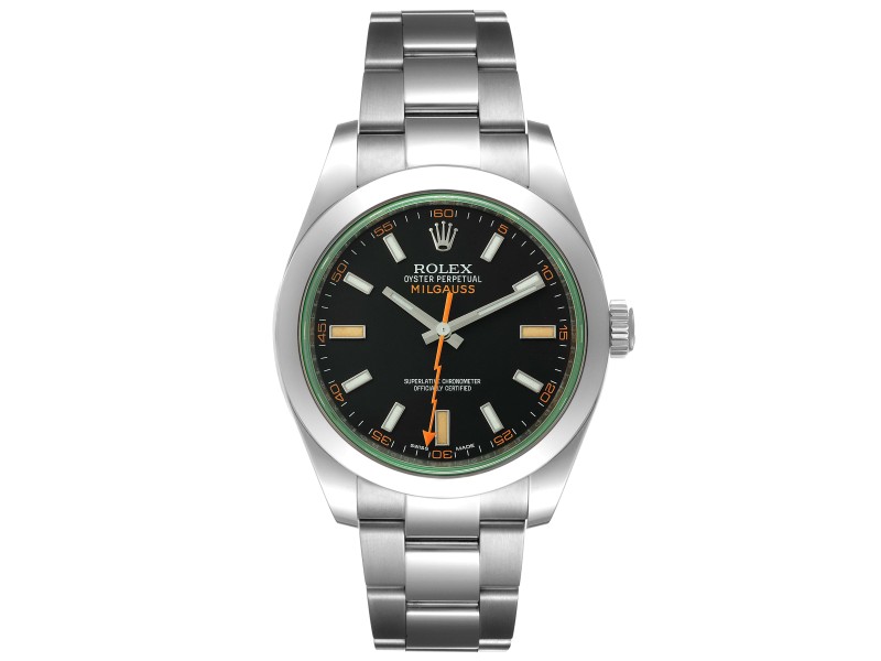 Rolex Milgauss Black Dial Green Crystal Steel Mens Watch  