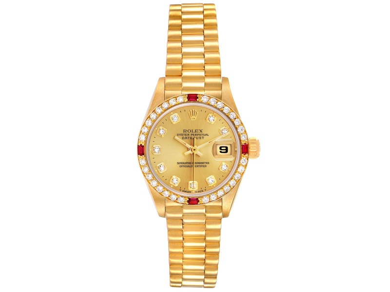 Rolex President Datejust Yellow Gold Diamond Ruby Ladies Watch 