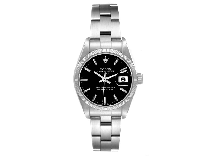 Rolex Date  Stainless Steel Black Baton Dial Ladies Watch  