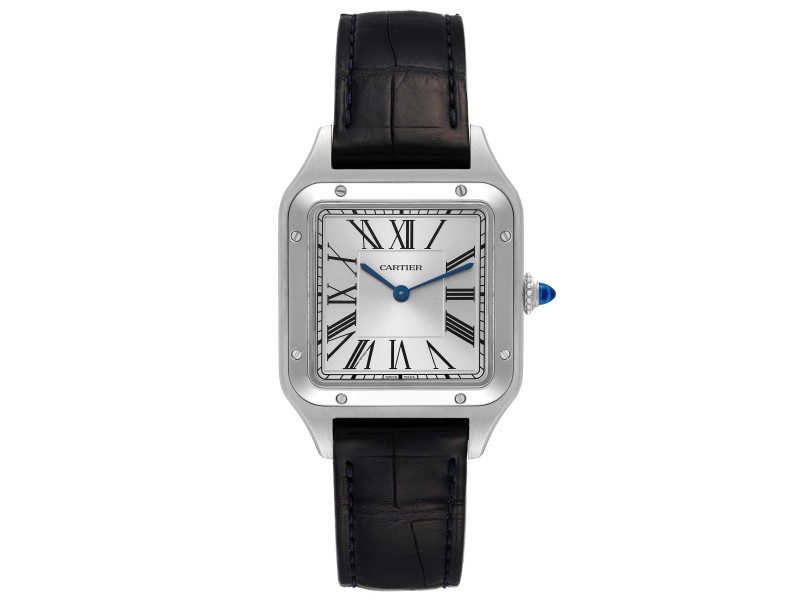 Cartier Santos Dumont Large Black Strap Steel Mens Watch 
