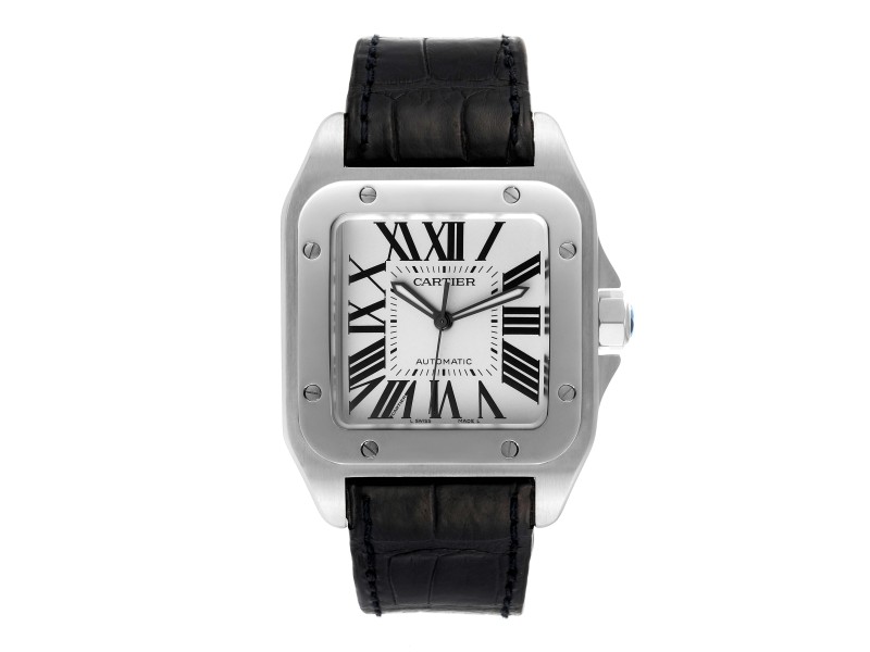 Cartier Santos 100 Silver Dial Black Strap Steel Mens Watch  