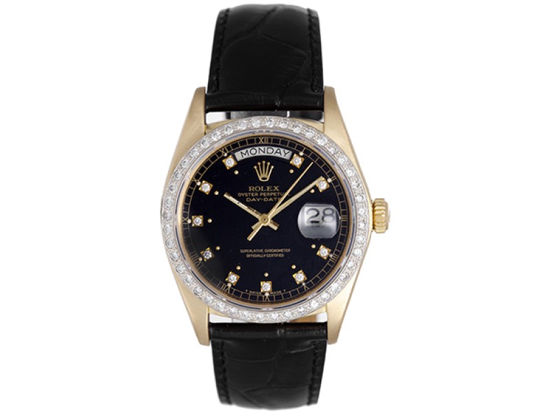 Rolex President Day-Date 18038 18K Yellow Gold & Leather Black Dial Automatic 36mm Mens Watch 