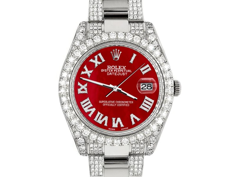 Rolex Datejust II 41mm Diamond Bezel/Lugs/Bracelet/Red MOP Roman Dial Steel Watch 116300