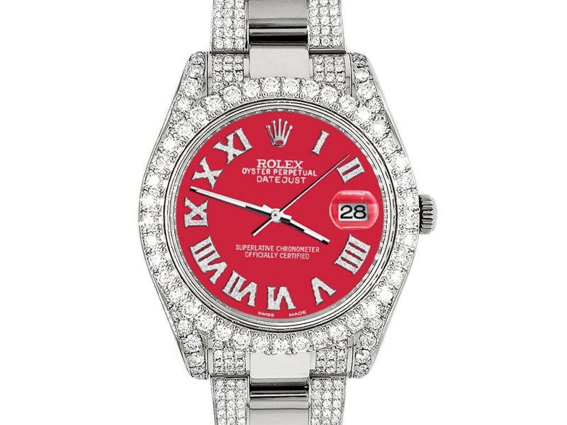Rolex Datejust II 41mm Diamond Bezel/Lugs/Bracelet/Scarlet Red Roman Dial Steel Watch 116300