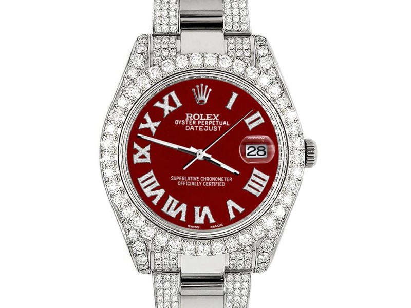 Rolex Datejust II 41mm Diamond Bezel/Lugs/Bracelet/Imperial Red Roman Dial Steel Watch 116300