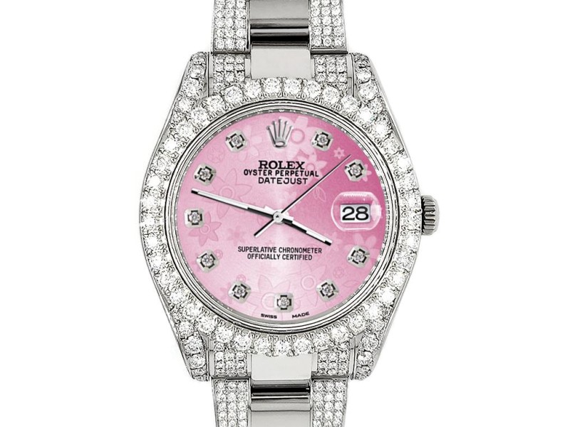 Rolex Datejust II 41mm Diamond Bezel/Lugs/Bracelet/Pink Flower Diamond Dial Steel Watch 116300