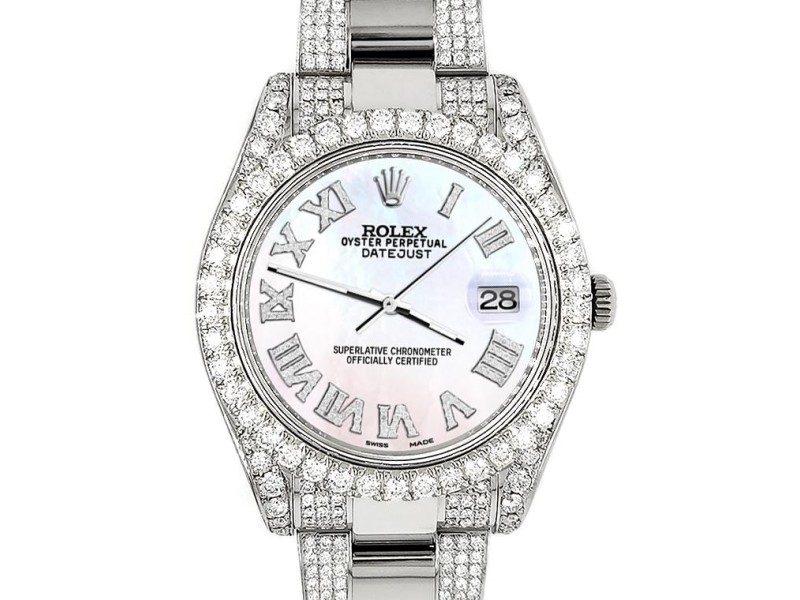 Rolex Datejust II 41mm Diamond Bezel/Lugs/Bracelet/White Pearl Roman Dial Steel Watch 116300