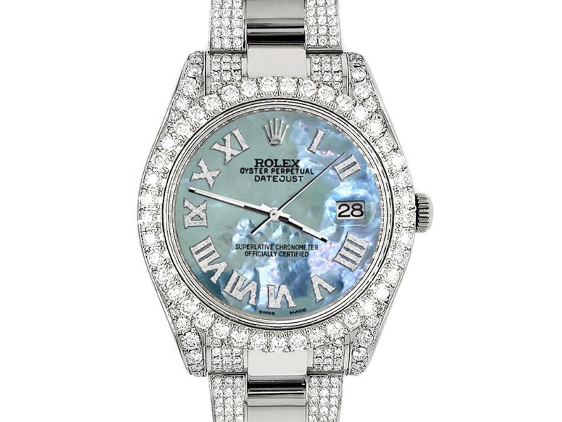 Rolex Datejust II 41mm Diamond Bezel/Lugs/Bracelet/Tahitian Blue Roman Dial Steel Watch 116300