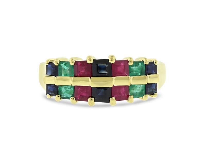 14k Yellow Gold 2.00ct. Two Row Emerald, Ruby & Sapphire Band Size 7.5