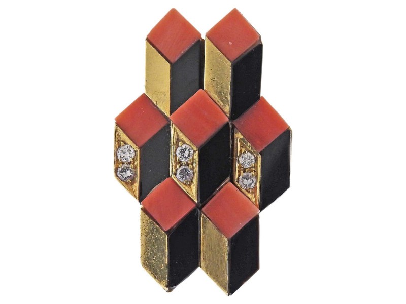 Spritzer & Fuhrmann 1970s Coral Onyx Inlay Diamond Gold Ring