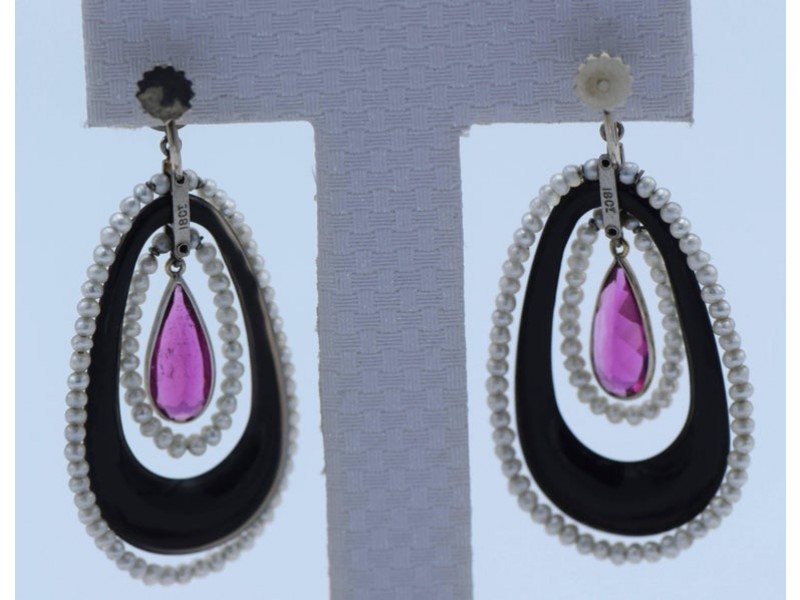 White Gold, Black Onyx, Rubellite and Seed Pearl Pendant Clip-On Earrings