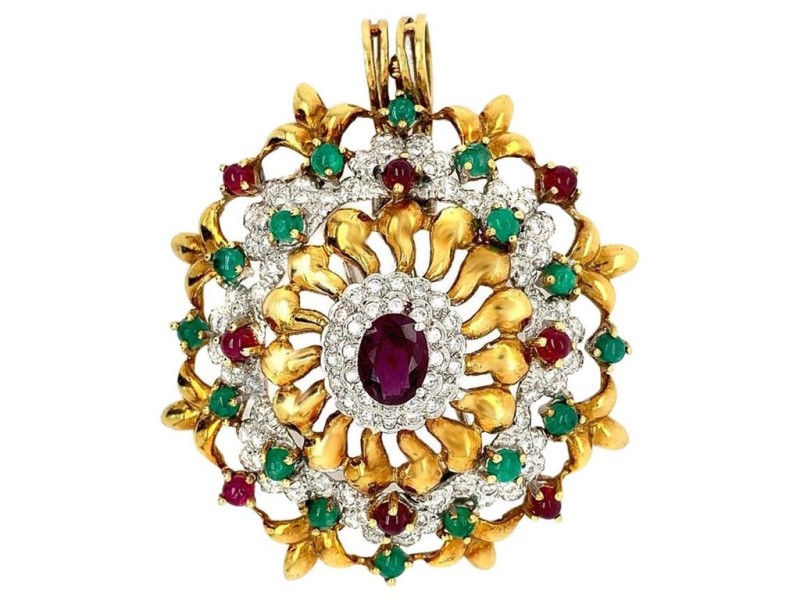 Yellow Gold Ruby Emerald Pendant Brooch